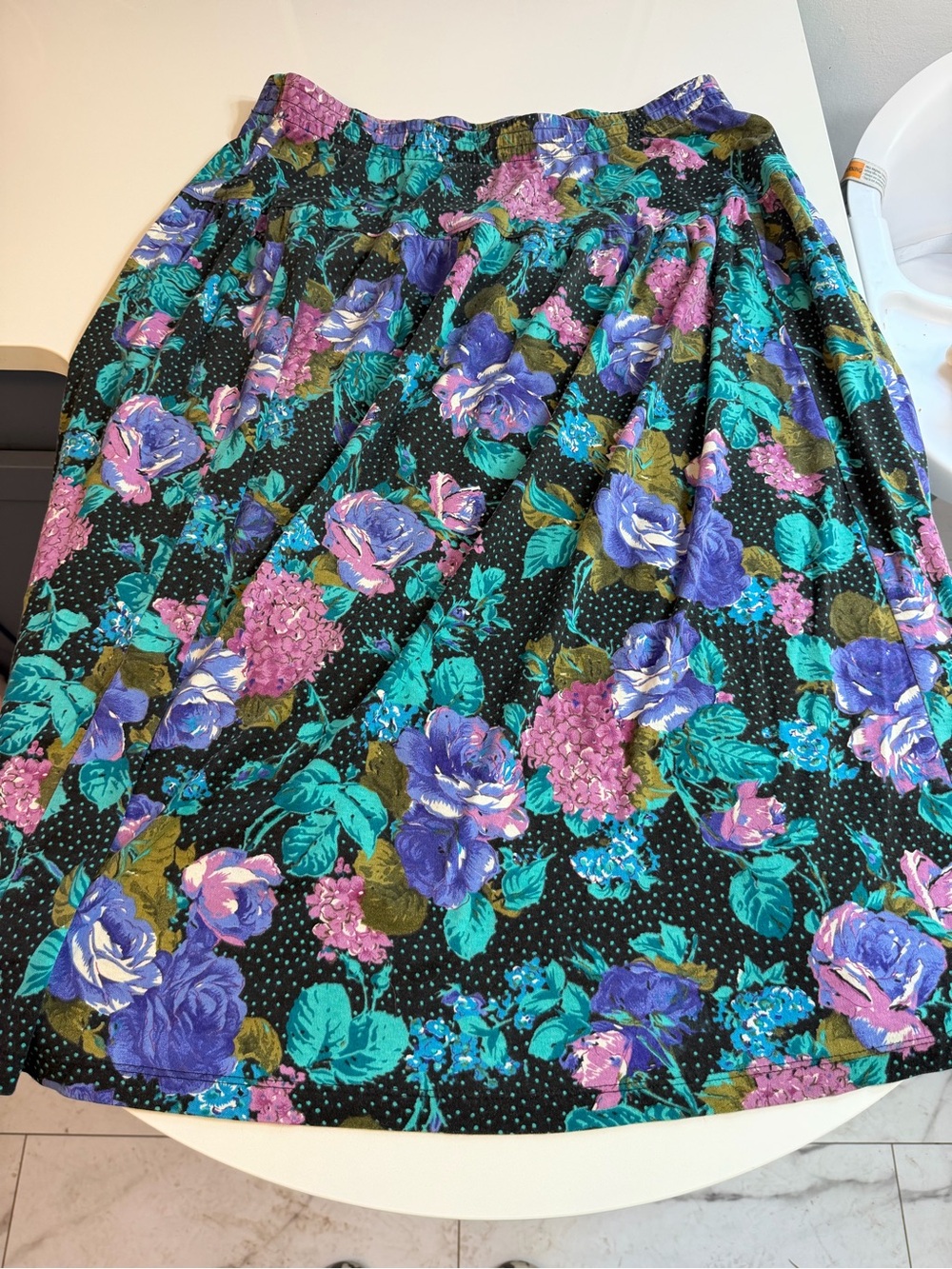 Fritzi Floral A-Line Midi Skirt in Black with Teal & Purple Bloom